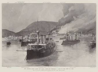 De oostelijke crisis, scène bij Canea, Kreta, op 5 februari, deel van de stad in brand